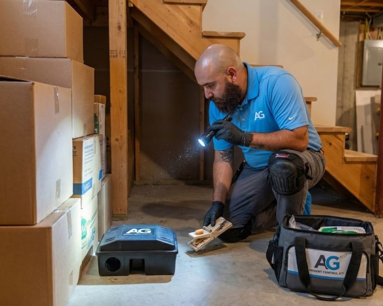 Agile Pest technician setting up a rat trap