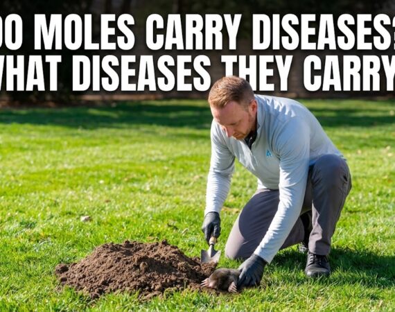 Person inspecting a mole mound on a grassy lawn with text about diseases moles may carry