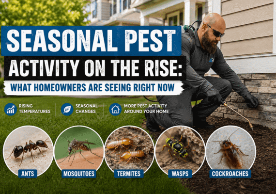 Pest control technician treating home exterior with common seasonal pests like ants, mosquitoes, termites, wasps, and cockroaches highlighted