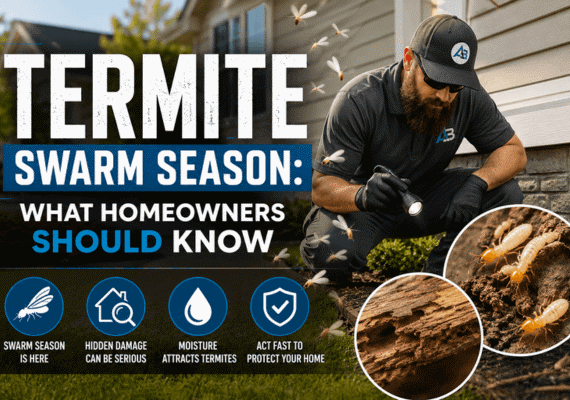 Featured image showing termite swarmers flying around a home while a pest control technician inspects the foundation for termite damage and activity
