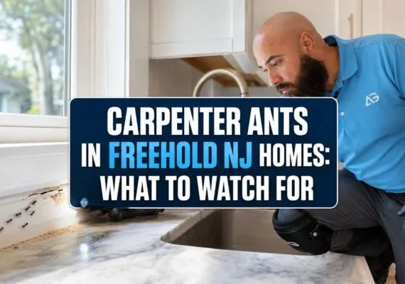 Agile Pest Control technician inspecting carpenter ants and wood debris near a window trim in a Freehold NJ home