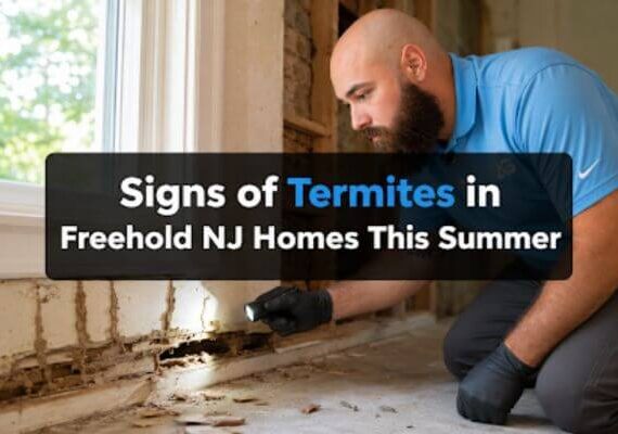 technician inspecting termite damage in a Freehold NJ home during summer