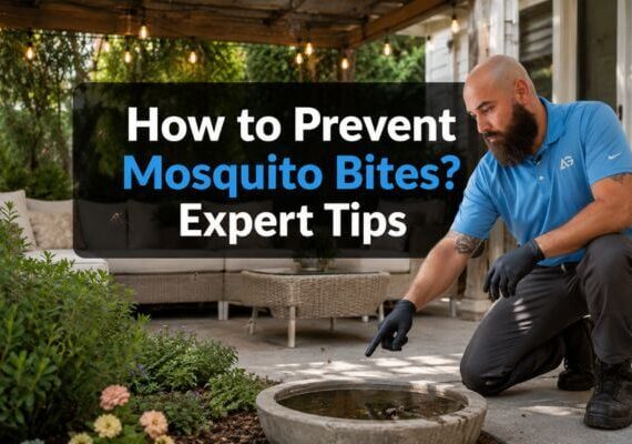 Pest control technician inspecting standing water near a patio while checking for mosquito activity and bite risks