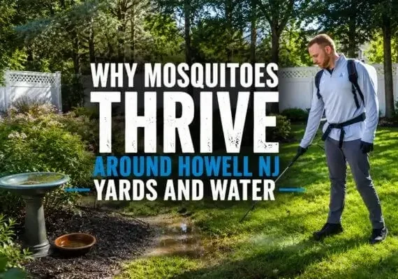 Agile Pest Control technician treating standing water and yard areas where mosquitoes thrive in Howell NJ