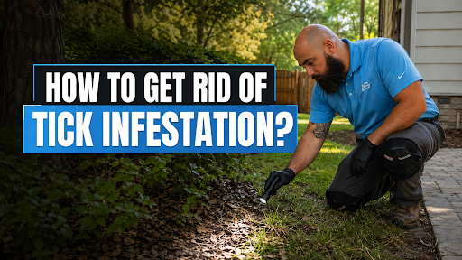 Pest control technician inspecting a yard for signs of a tick infestation around a home.