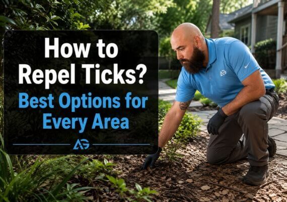 Pest control technician inspecting a shaded yard while explaining ways to repel ticks around a home