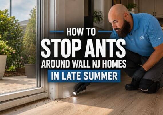 Pest control technician inspecting ants near a doorway in a Wall NJ home during late summer