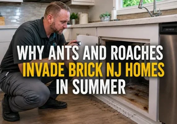 Agile Pest Control technician inspecting a Brick NJ kitchen where ants and roaches invade during summer