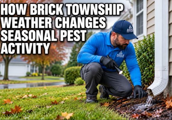Agile Pest Control technician inspecting a Brick Township home exterior for seasonal pest activity.