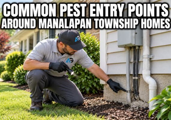 Pest control technician inspecting a foundation gap and utility-line entry points around a Manalapan Township home.