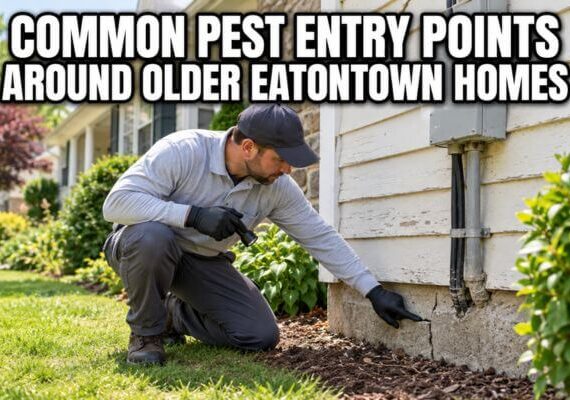 Pest control technician inspecting a foundation entry point around an older home