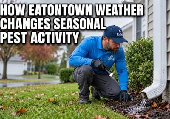 Pest control technician inspecting a home exterior for seasonal pest activity