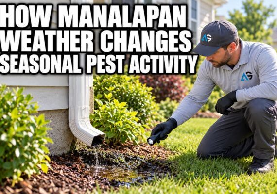 Agile Pest Control technician inspecting standing water near a downspout outside a Manalapan home to show how weather affects seasonal pest activity