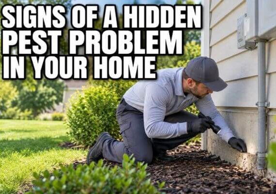Pest control technician inspecting the exterior of a home for signs of hidden pest activity
