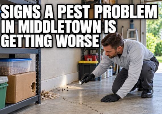 Pest control technician inspecting droppings, nesting material, a damaged box, and an ant trail in a residential garage.