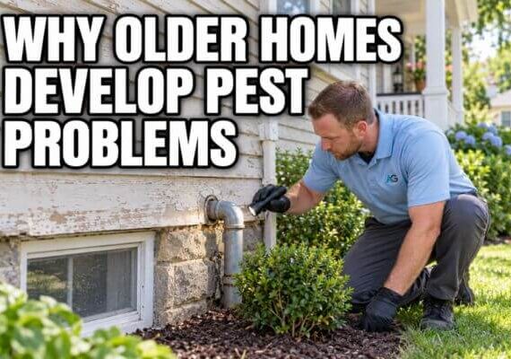 Pest control technician inspecting a utility opening beside the foundation of an older home