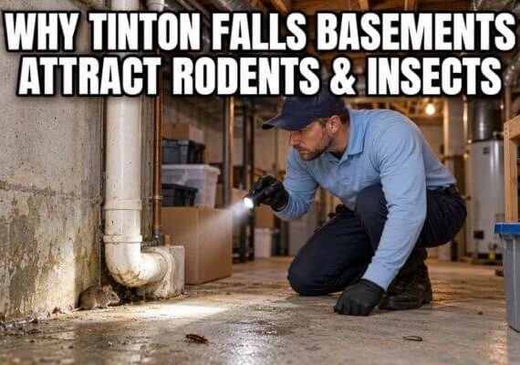 Pest control technician inspecting a basement for rodents and insects