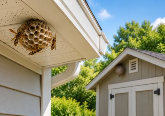Wasp nest under a house roofline with a shed showing common nesting areas around a home