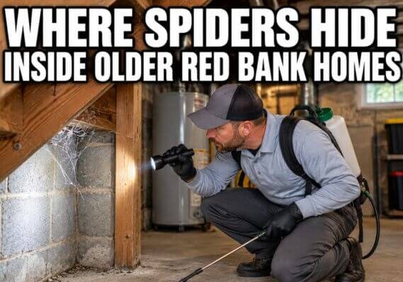 Pest control technician inspecting spider webs in the basement of an older home