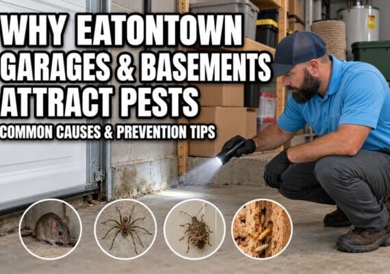 Pest control technician inspecting a garage for common pest entry points
