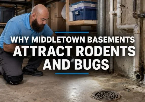 Pest control technician inspecting a damp Middletown basement for rodents and bugs