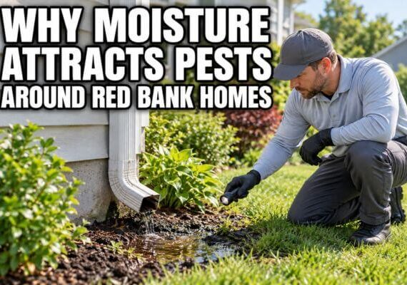 Technician inspecting moisture near a Red Bank home foundation