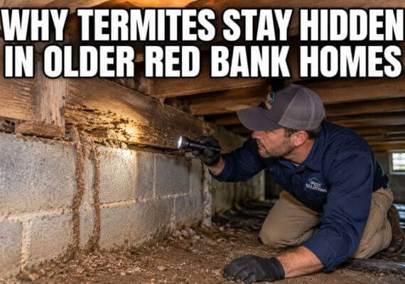 Pest control technician inspecting an older home crawl space for hidden termite activity