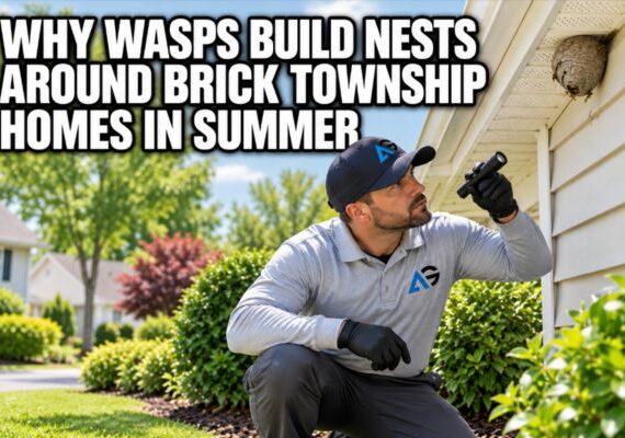 Agile Pest Control technician inspecting a wasp nest under a Brick Township home’s roofline in summer