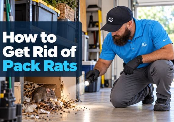 technician inspecting a pack rat nesting area in a garage with a flashlight