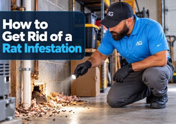 technician inspecting a rat infestation in a garage, including droppings, nesting debris, and a rodent entry point.