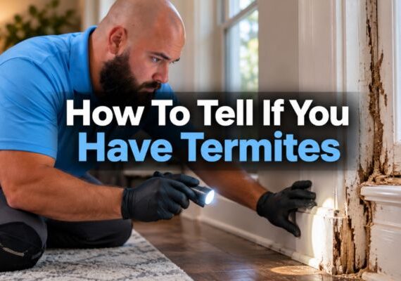 Pest control professional inspecting termite-damaged window trim with a flashlight to identify signs of termite activity