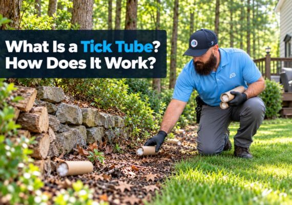 Agile Pest Control technician placing tick tubes near a stone wall and wooded yard edge to help reduce tick activity.