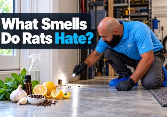 Agile Pest Control technician inspecting a rodent entry point beside peppermint, vinegar, garlic, and other commonly suggested rat-repellent scents.