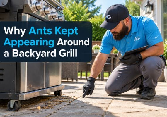 technician inspecting ants around a backyard grill and patio after repeated ant activity near food residue
