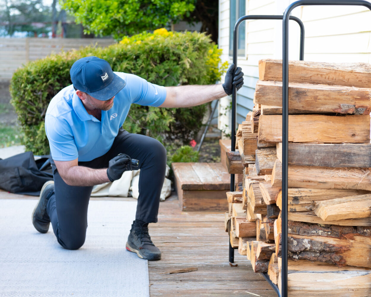 agile pest expert inspecting outdoor woodpile for pest or termite activity